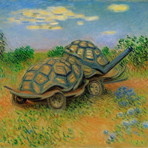 Prompt: tortoises next to artillery guns by claude monet