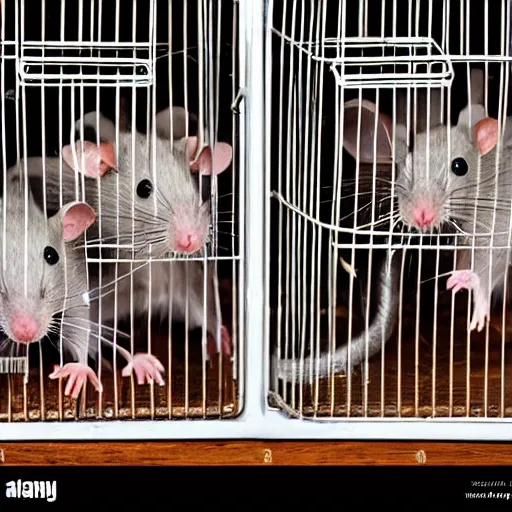 Prompt: rats in a cage in kitchen,