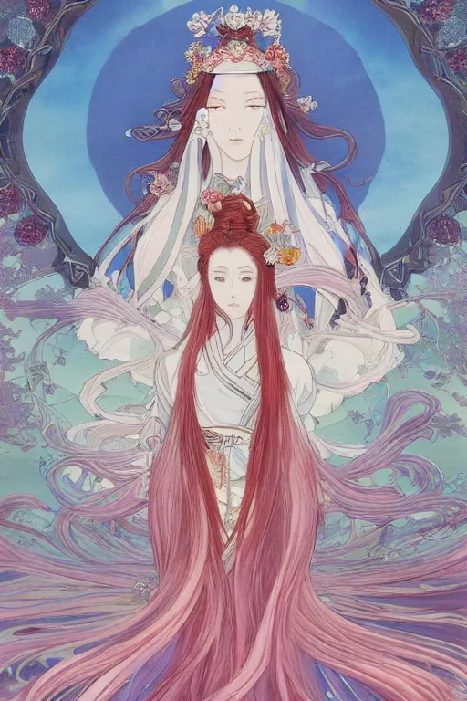 Prompt: breathtaking detailed soft painting of a samurai queen with long flowing red hair, anime style, pastel flower petals flying, in front of a pristine art nouveau cathedral on a wedding day, elegant, volumetric lighting, highly detailed, artstation, concept art, matte, sharp focus, art by ghibli, Alfons Mucha and Miho Hirano