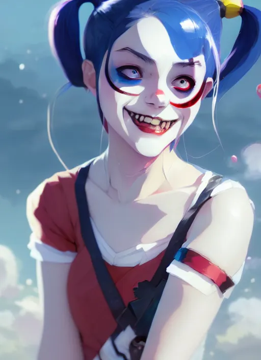 Prompt: portrait of cute harley quinn, cloudy sky background lush landscape illustration concept art anime key visual trending pixiv fanbox by wlop and greg rutkowski and makoto shinkai and studio ghibli