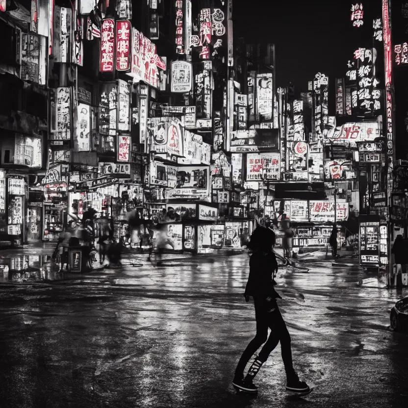 Image similar to photograph of punk girl skateboarding in the city, chinese neon signs, cyberpunk buildings, wet roads at night reflecting the lights from buildings, studio lighting, cloudy night sky, bright neon colors, 4 k, fisheye