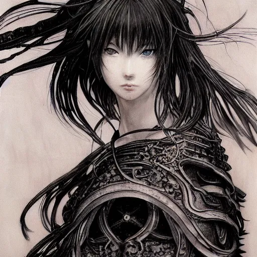 Prompt: yoshitaka amano realistic illustration of an anime girl with black eyes, wavy white hair fluttering in the wind and cracks on her face wearing elden ring armor with engraving, abstract black and white patterns on the background, noisy film grain effect, highly detailed, renaissance oil painting, weird portrait angle, three quarter view, head turned to the side