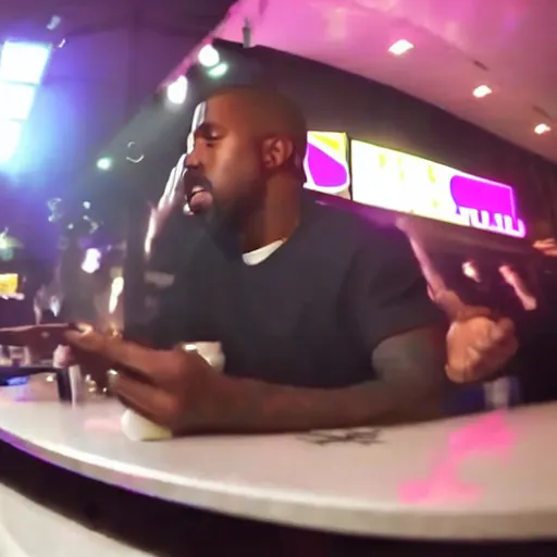 Image similar to blurry, gopro footage of kanye west eating at taco bell, cinematic, volumetric lighting, night, rain