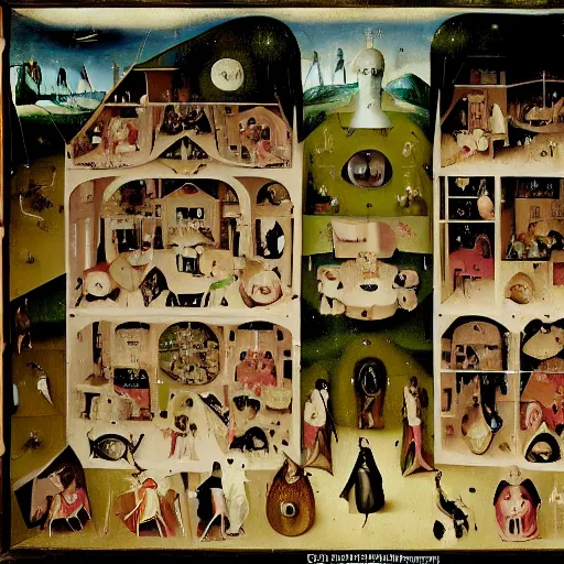 Image similar to humans living in a doll house by Hieronymus Bosch