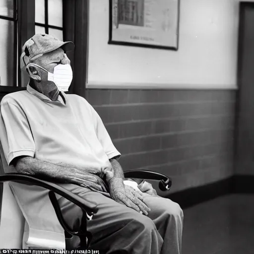 Image similar to An old male patient at the Veterans Affairs Hospital waits for his appointment, he sits in a chair, frustrated, eyes closed, head down, wearing a baseball cap that is tilted down and covering most of his face, photograph