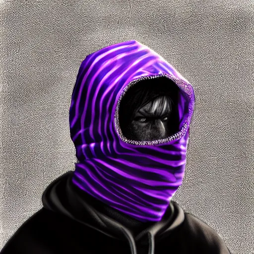 Image similar to ultra realistic illustration, man in a black hood, in a striped purple balaclava, mysterious, highly detailed, digital painting, artstation, concept art, smooth, sharp focus, illustration