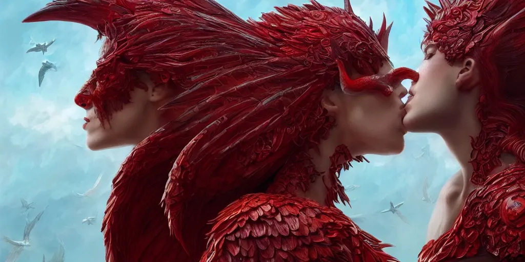 Prompt: ultra realistic, beautiful winged angel kissing gorgeous red devil, sci-fi, fantasy, mythical, intricate, elegant, highly detailed, digital painting, octane render, substance painter, zbrush, artstation, concept art, smooth, sharp focus, eerie, illustration, 8k, HD, art by artgerm and greg rutkowski and raphael