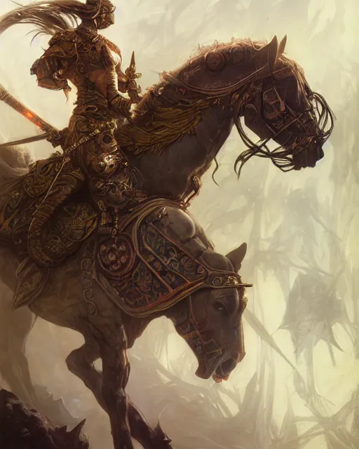 Prompt: Horse warrior, centered, portrait, symmetrical, Path of Exile, Diablo, Warhammer, digital painting, highly detailed, concept art, Nekro, Peter Mohrbacher, Alphonse Mucha, Brian Froud, Yoshitaka Amano, Kim Keever, Victo Ngai, James Jean
