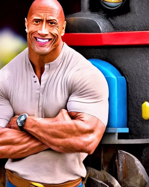 Image similar to Film still close-up shot of Dwayne Johnson as the Thomas the Tank Engine. Photographic, photography