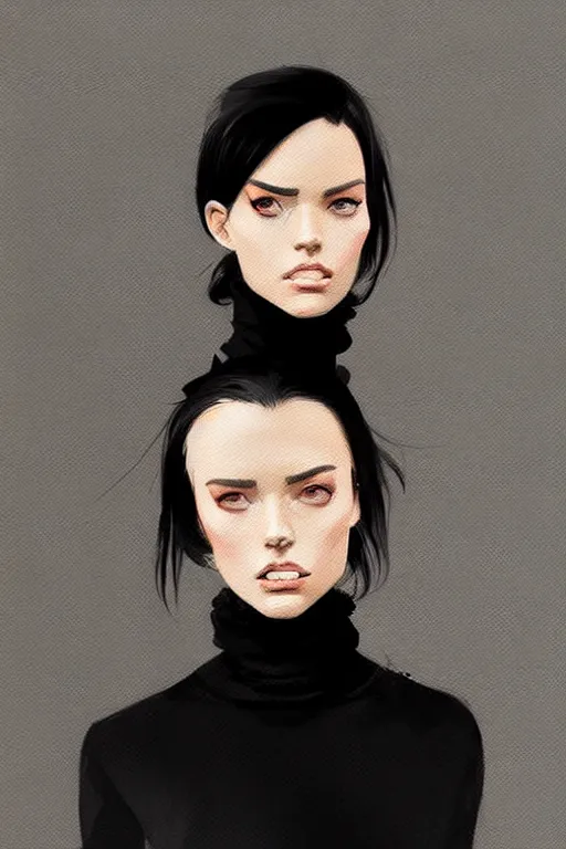 Image similar to a ultradetailed portrait painting of a stylish woman in a black turtleneck by conrad roset, greg rutkowski and makoto shinkai trending on artstation