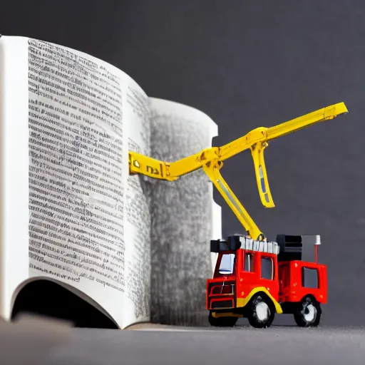 Image similar to photograph of a book being put together by a toy construction crew. Toy crane. white background, studio photography