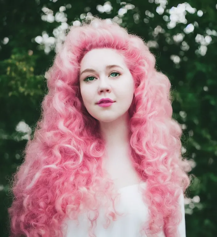 Prompt: a photograph of rose quartz from steven universe, portrait photography, 8 5 mm, iso 4 0 0, focus mode, detailed portrait, gigantic tight pink ringlets, huge curly pink hair, bangs, plus size, extremely beautiful and ethereal, warm smile, magical, white dress, regal, gorgeous, kind features, beautiful woman, flattering photo, daylight