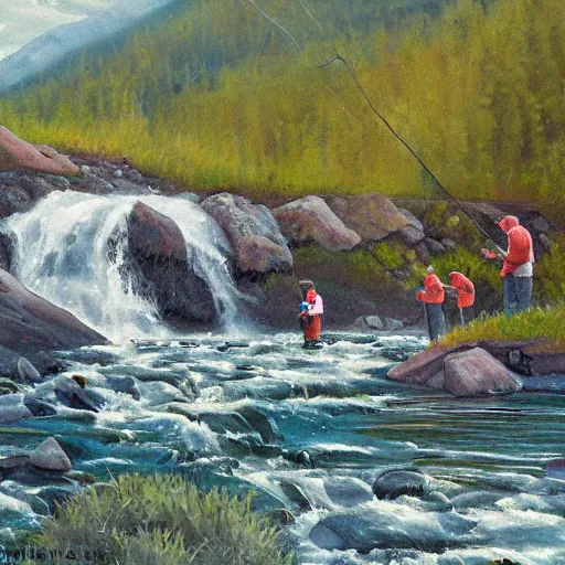 Image similar to tardigrade fishing for salmon at Brooks Falls in Alaska, landscape painting by Moran and George Caitlin