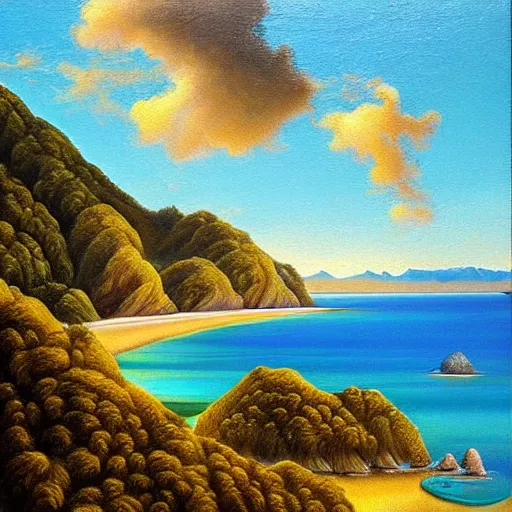 Image similar to golden bay abel tasman new zealand, rococo art style, highly detailed, highly detailed ethereal surrealist art