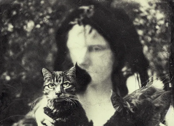 Image similar to sinister black and white old photography of a angry woman with a cat in the woods. daguerreotype photo