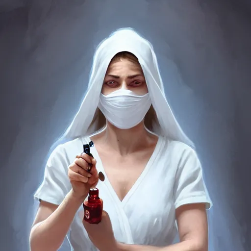 Image similar to epic portrait an female nurse in white dress and short sleeves wearing a mask and holding a syringe, digital painting, artstation, concept art, soft light, hdri, smooth, sharp focus, illustration, fantasy, intricate, elegant, highly detailed, D&D, matte painting, in the style of Greg Rutkowski and Alphonse Mucha and artemisia, 8k, highly detailed, jurgens, rutkowski, bouguereau, pastoral, rustic, georgic, detailed concept art, illustration, colorful pastel, painting, detail, ultra detailed, digital art, 4K,