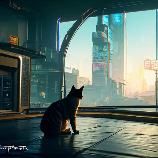 Image similar to cat in cyberpunk 2 0 7 7 8 k hyperdetailed photorealism hdr unreal engine 5 extremely high level of detail