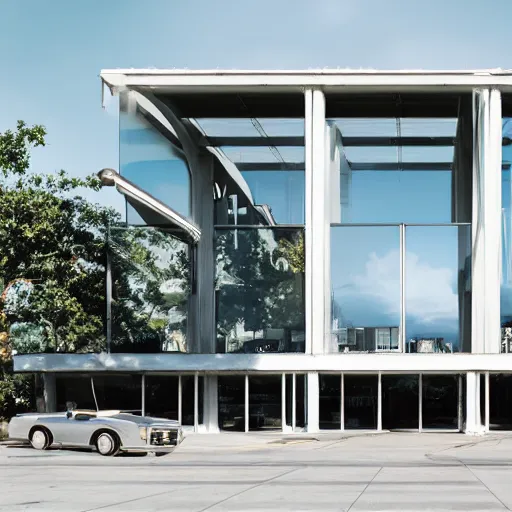 Prompt: second story cantilevered white brutalist office on top of 2 large piers, large windows, elegant, white stone, proportion, golden ratio, epic composition, steel window mullions, digital illustration, cars parked underneath 1 6 : 9