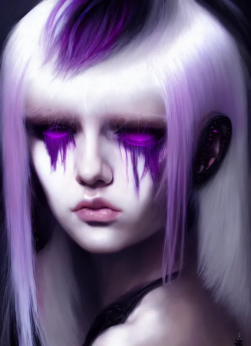 Image similar to hair whitebangs hair, black cyberlox, portrait of normal teenage girl, white bangs, messy bangs, fluffy bangs, cyberlox, whitebangs, red irises, purple background, intricate, elegant, highly detailed, digital painting, artstation, concept art, sharp focus, smooth, illustration, art by wlop, mars ravelo and greg rutkowski