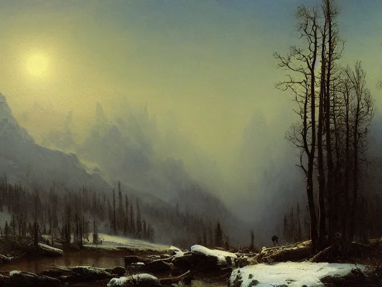 Image similar to Canadian Wilderness by Albert Bierstadt. Epic landscape, winter blizzard. Oil on Canvas. Private Collection