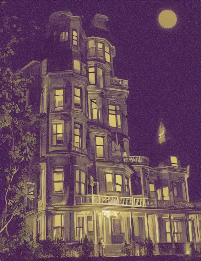 Image similar to a wide angle low photo of a ghostly victorian mansion at night list by spectral glowing orbs in the style of casey weldon