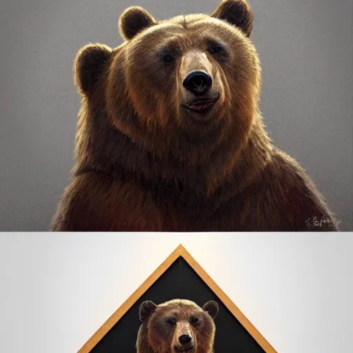 Image similar to realistic bear holding a triangular wooden triangle + guitar sound hole + guitar neck, highly detailed, digital painting, artstation, concept art, smooth, sharp focus, illustration, cinematic lighting, art by artgerm and greg rutkowski and alphonse mucha