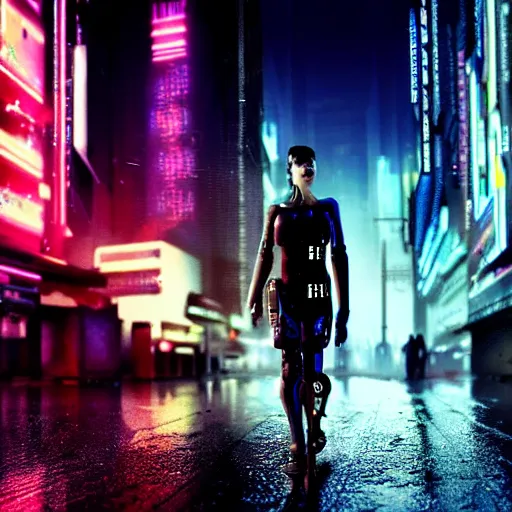 Image similar to jennifer connely as a cyborg in a cyberpunk movie in a distopic futuristic city in the style of bladerunner, movie still, highly detailed, rainy night, volumetric lights, dramatic, scifi