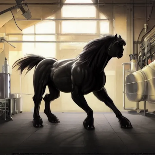 Prompt: splash art of a hyper - muscular black - coated anthropomorphic horse character in a research facility wearing a combat kevlar outfit, long hair, huge exaggerated muscles, highly detailed, furry, furaffinity, digital painting, artstation, sharp focus, illustration, art by artgerm, greg rutkowski, alphonse mucha
