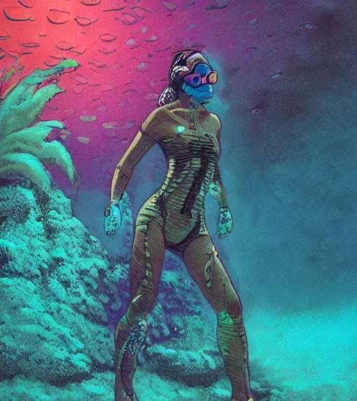 Image similar to a cyberpunk diver Polynesian woman swims through a dark bioluminescent alien coral reef, techwear, Industrial Scifi, detailed illustration, character portrait, by Martin Grip and Moebius