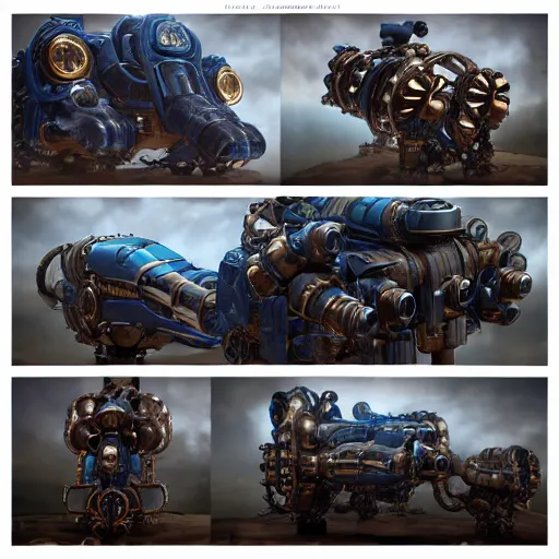 Image similar to colossal steampunk mech with blue piping enveloping its entirety, 4 k photorealism, trending on artstation, 4 k quality