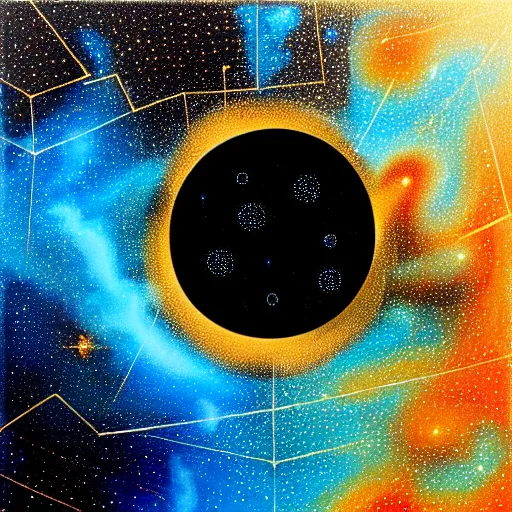 Image similar to a black hole at the center of a golden wireframe geometric structure, deep blue and dark cyan nebula background, highly detailed artwork, acrylic painting