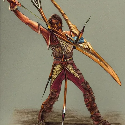 Image similar to a fantasy art bow and arrow with a quiver