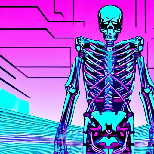 Prompt: a skeleton in cyberspace, his hands behind his back detailed, outrun, synthwave, vaporwave, complimenting color scheme