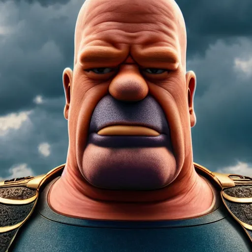 Image similar to homer simpson as thanos, 4 k, high detail, high - resolution photograph, professional photography, ultra - detail