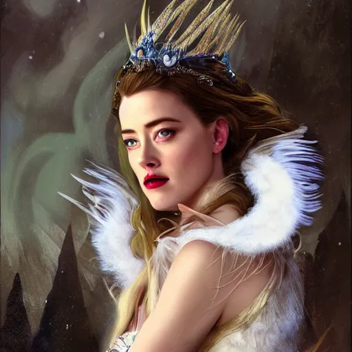 Prompt: hyperrealistic portrait of a woman as amber heard as the winter witch at her frost palace while enchanting a spell wearing white swan dress long feathers and sapphire jewellery by jeremy mann and alphonse mucha, fantasy art, photo realistic, dynamic lighting, artstation, poster, volumetric lighting, very detailed faces, 4 k, award winning