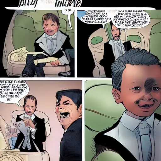 Image similar to portrait of a smug baby in a tuxedo riding in the back of a limo, medium shot, highly coherent, saga comic, fiona staples