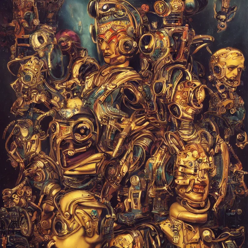 Prompt: a baroque portrait painting of a retrofuturistic robot wearing an intense tribal mask surrounded by fantasy fairies. pulp sci - fi art for omni magazine. high contrast. dark background. baroque period, oil on canvas. renaissance masterpiece. muted colors, soft gradients. trending on artstation. retrofuturism.