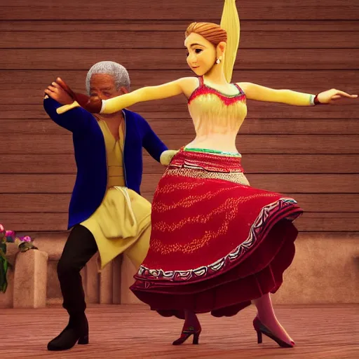 Image similar to morgan freeman playing the spanish guitar and princess zelda from the legend of zelda dancing flamenco, realism, 4 k, award winning photograph octane render, award winning photograph