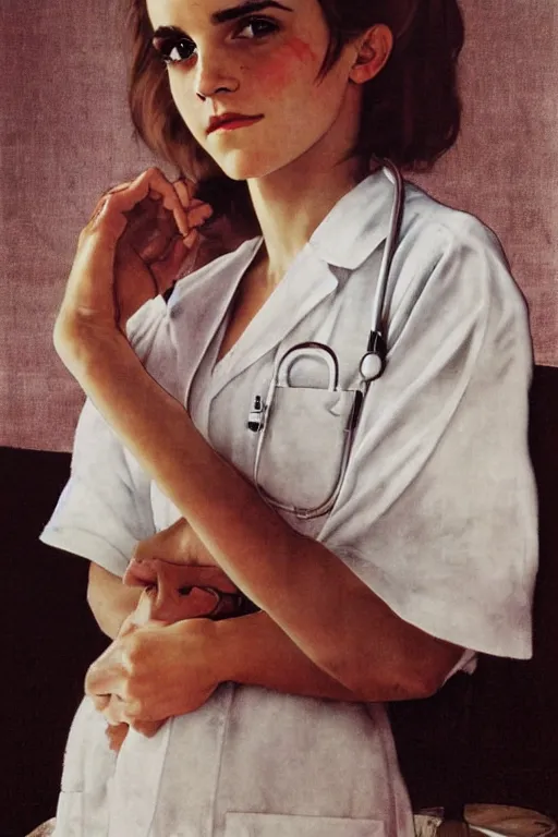 Prompt: photo photorealistic portrait photograph Emma Watson as a nurse, full length photo portrait by Norman Rockwell