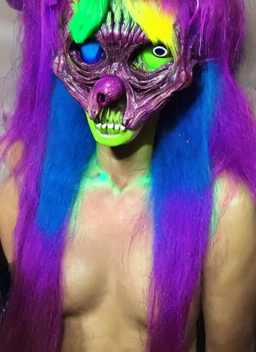 Prompt: a brutal terrifying and mysterious weird toy monster of chaos warped in horror with long rainbow - colored hair, her skin has gaps, spikes, and complex alien textures, terrifying and mysterious