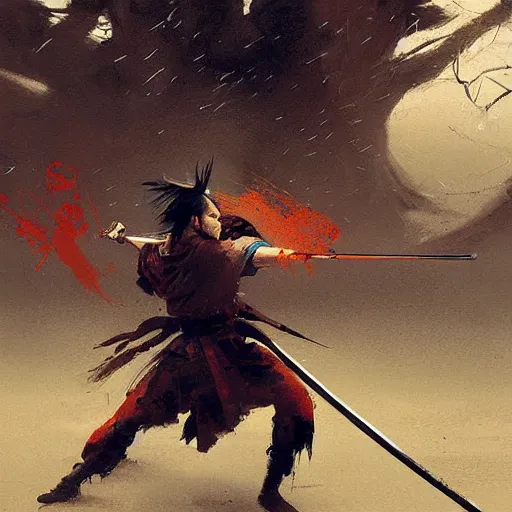 Image similar to samurai duel, paint by greg rutkowski