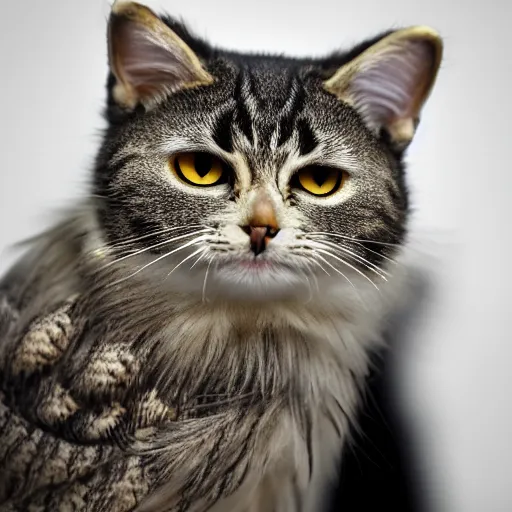 Prompt: a cat wearing an owl costume, EOS 5D, ISO100, f/8, 1/125, 84mm, RAW Dual Pixel, Dolby Vision, HDR, professional