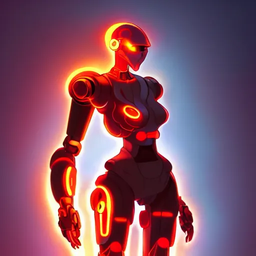 Image similar to a full body character design by artgerm, cushart krenz, ross tran, alphonse mucha. fiery flaming faceless humanoid robot mech giant!! bold outline sharp edges. ultra clear detailed. 8 k. elegant, neon colors, dynamic angle, intricate complexity, epic composition, action pose, cinematic lighting masterpiece