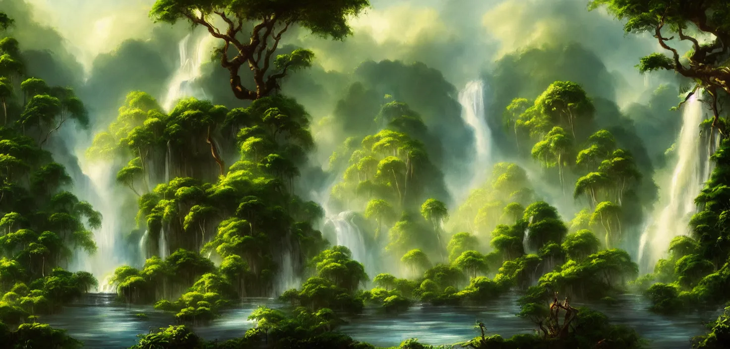 Image similar to a painting of a waterfall in the jungle, a detailed matte painting by bob ross, deviantart, fantasy art, matte painting, detailed painting, 2 d game art