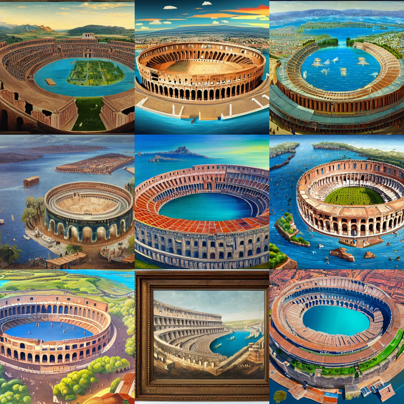 Prompt: a colosseum like arena with it's central land part surrounded by water, view from the sky, detailed painting, 8 k