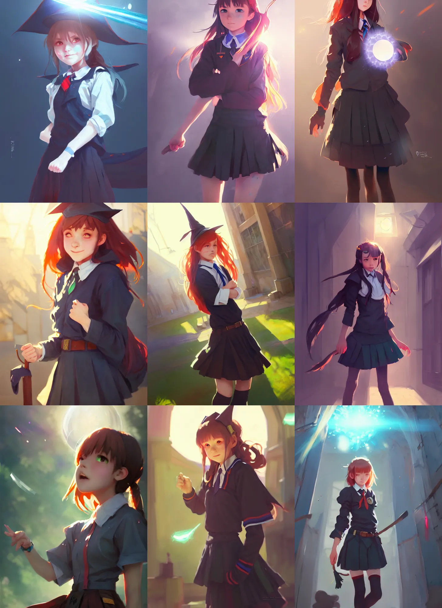 Prompt: rugged girl witch wearing magic school uniform, university school courtyard, cinematic, lens flare, bloom, rim light, illustration, digital painting, concept art, trending on artstation, pixiv, art by ruan jia and makoto shinkai