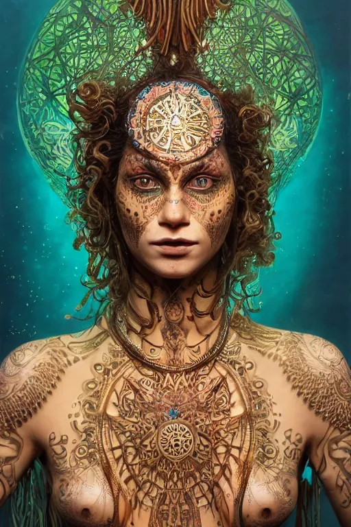 Prompt: a centered render of an mytical festival hippy with tribal tattoos wearing intricate metallic clothing surrounded by a underwater ink pour and flowing liquid gallium and sacred geometry, perfect body and face, gorgeous, cinematic, beautifully lit, by peter kemp, by karol bak, by donato giancola, 3 d, trending on artstation, octane render, 8 k