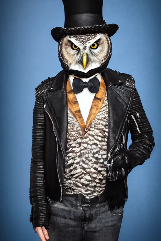 Prompt: one owl wearing black biker jacket, portrait photo, backlit, textured kobalt blue background, studio photo, suit, bow tie, tophat, tophat