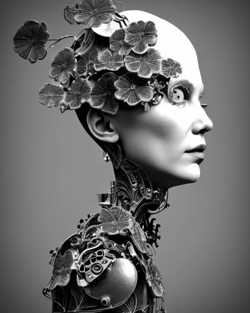 Prompt: monochrome 3 d model, 1 9 5 0 picture, floral silver steampunk biomechanical beautiful young female cyborg with porcelain profile face and a techno eye, volumetric light, leaves foliage and stems, hibiscus flowers, sinuous fine roots, fine foliage lace, alexander mcqueen, rim light, big gothic fashion pearl embroidered collar, octane render, 8 k