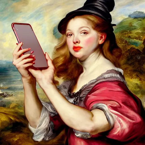 Image similar to heavenly summer sharp land sphere scallop well dressed lady taking a selfie with her iphone auslese, by peter paul rubens and eugene delacroix and karol bak, hyperrealism, digital illustration, fauvist, iphone